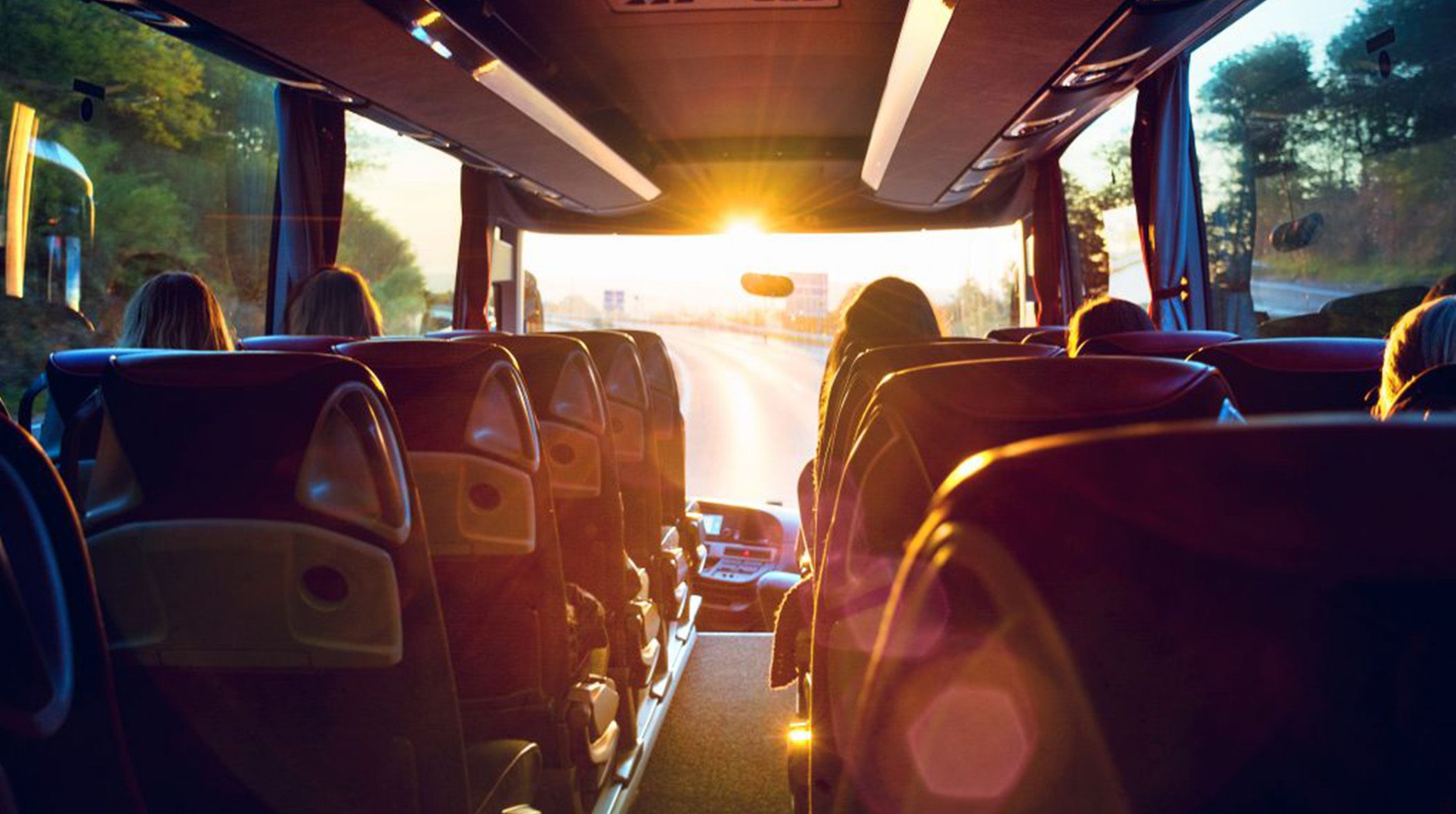 inside view of a Brown Coach bus at sunset